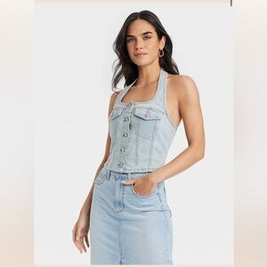 Universal Thread Cropped Sleeveless Denim Halter Shirt Light Wash XL